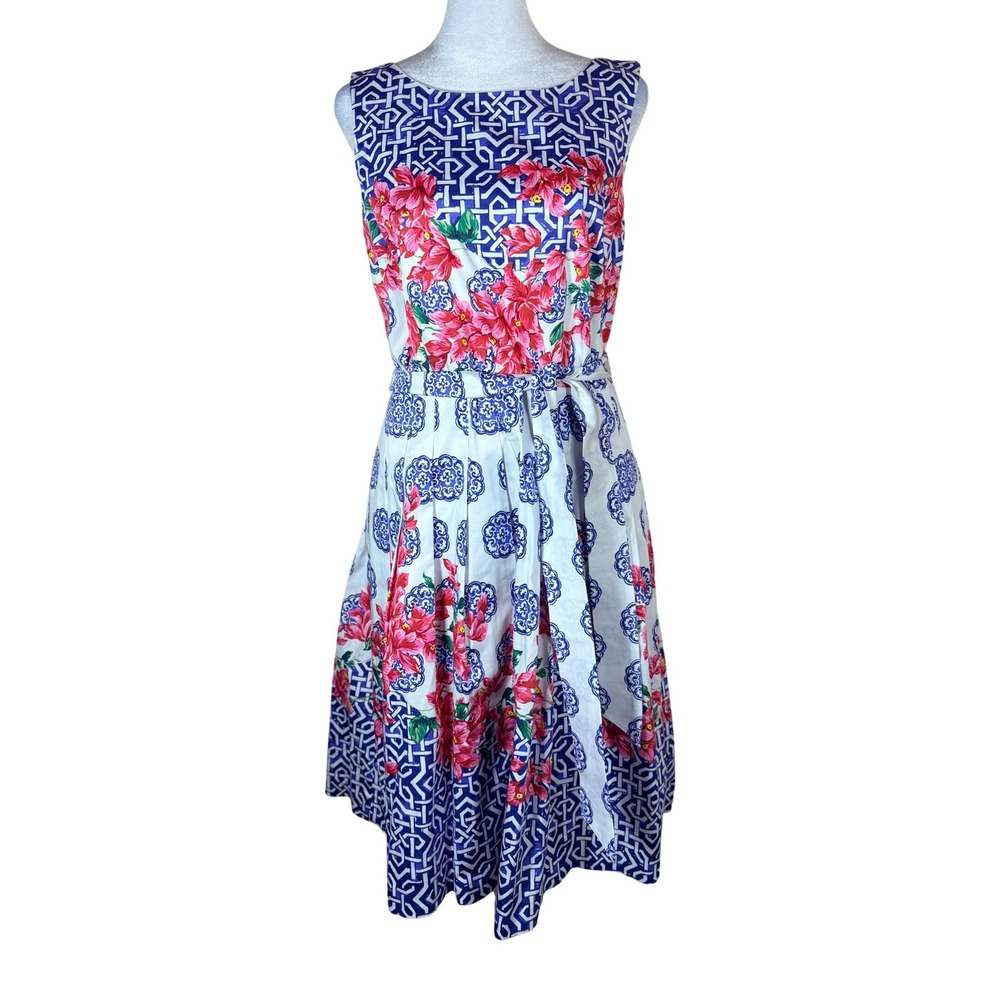 Talbots Women's Fit & Flare Dress Size 4‎ Mosaic Floral Print Blue White Pink